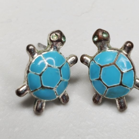 Turtle Earrings Blue Silver Tone Enamel Stud Pierc - Picture 2 of 6